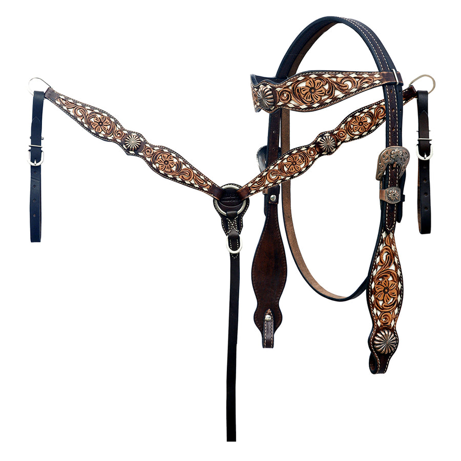 Hilason Horse Floral Hand Carved American Leather Breast Collar Headstall Concho Brown - Uhorse