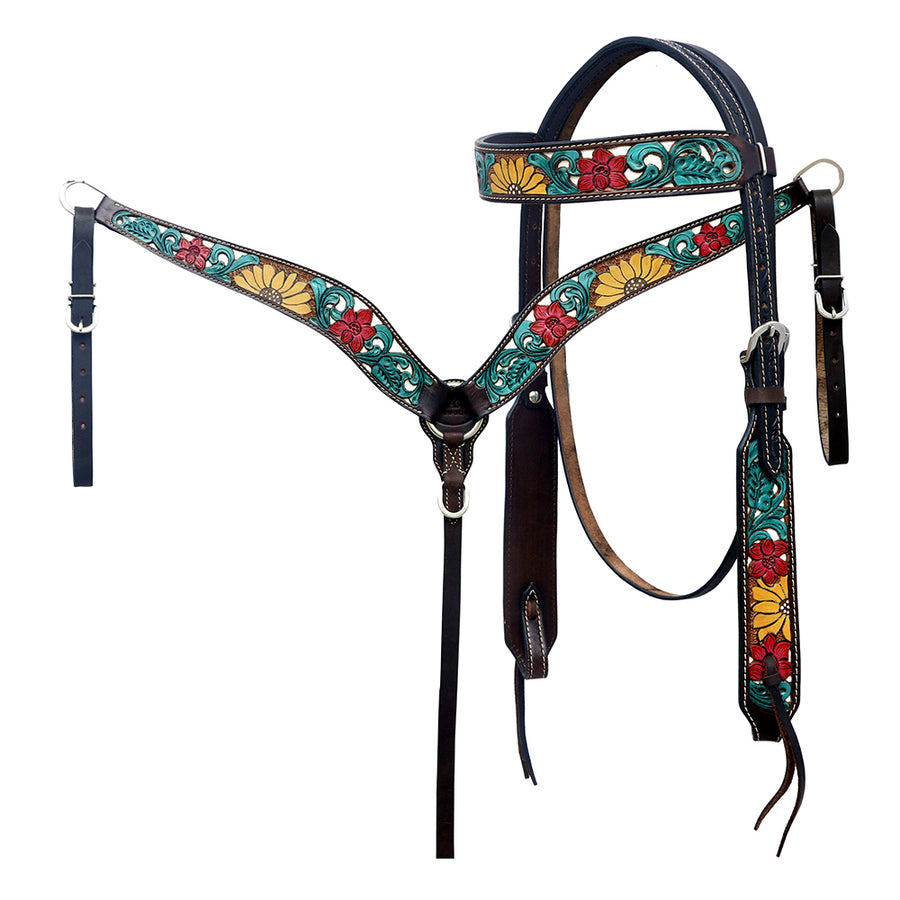 Hilason Horse Floral Hand Painted American Leather Breast Collar Headstall Brown - Uhorse
