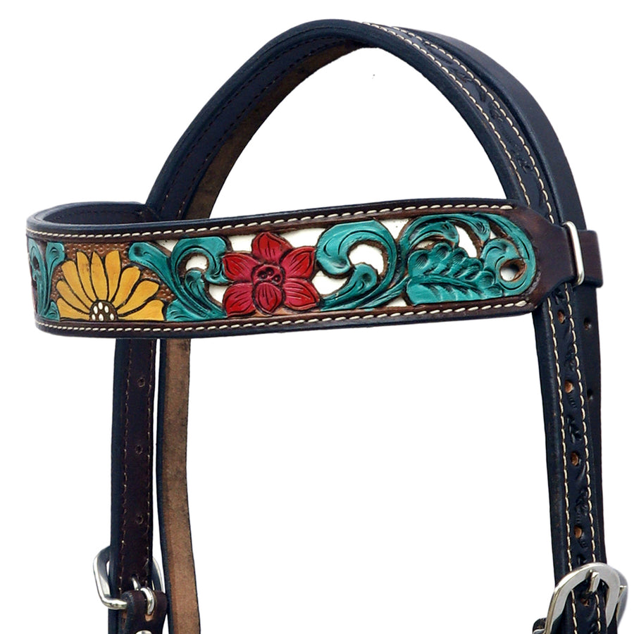 Hilason Horse Floral Hand Painted American Leather Breast Collar Headstall Black