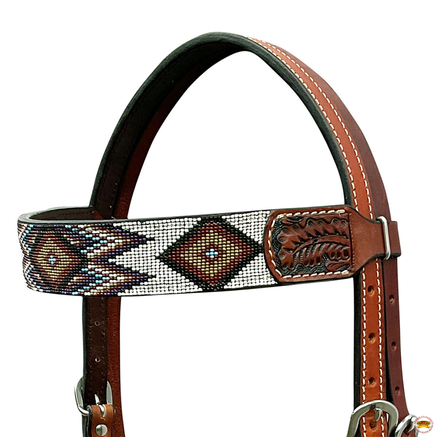 HILASON Western Horse Beaded Hand Tooled Genuine Leather Headstall Breast Collar Brown | Tack Set for Horses