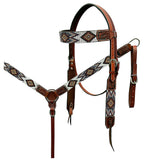 Hilason Horse Leaf Hand Carved American Leather Breast Collar Headstall Brown Beaded Work - Uhorse