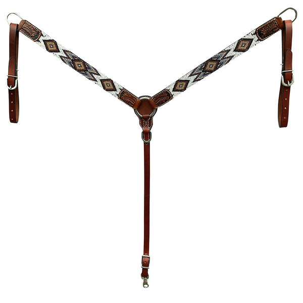 Hilason Horse Leaf Hand Carved American Leather Breast Collar Headstall Brown Beaded Work - Uhorse