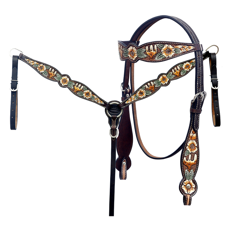 Hilason Horse Floral Hand Painted American Leather Breast Collar Headstall Brown - Uhorse