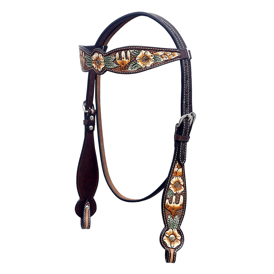 Hilason Western Horse Floral Hand Painted American Leather Headstall Brown - Uhorse