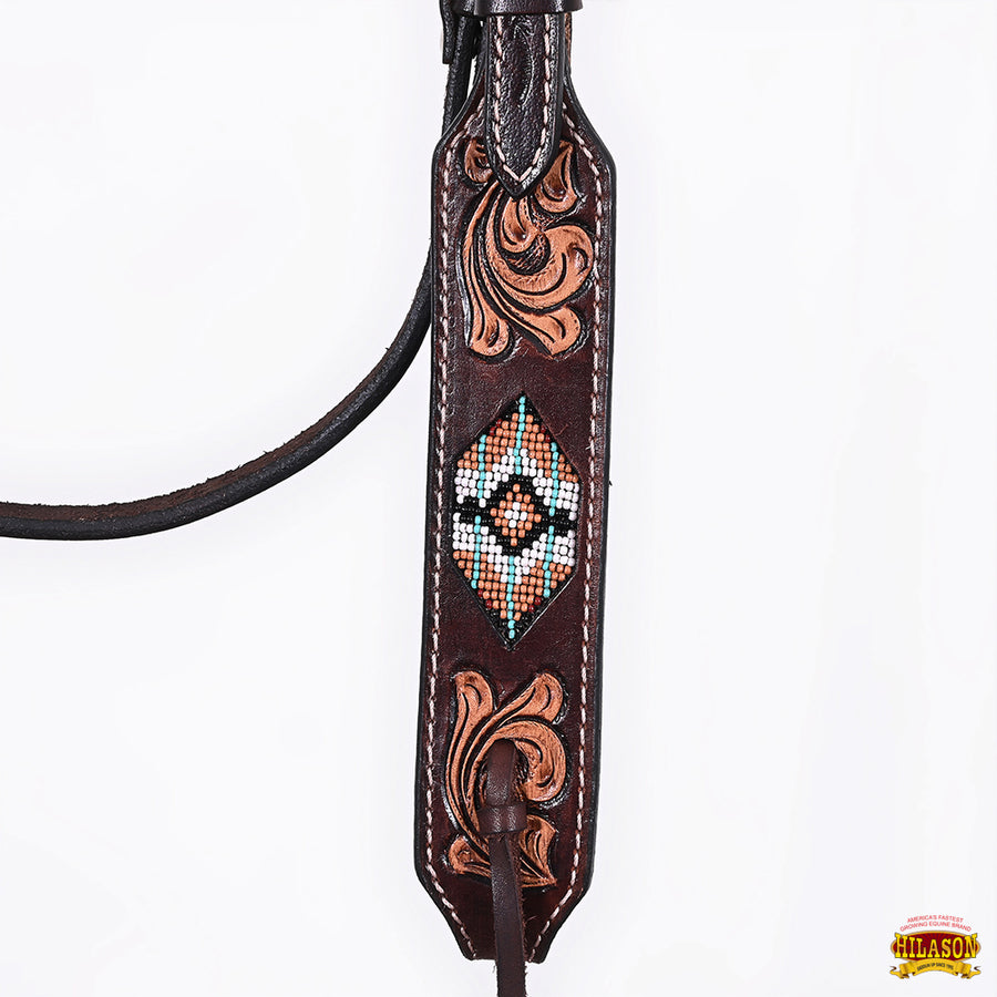 HILASON Western Horse Beaded Hand Tooled Genuine Leather Headstall Breast Collar Brown | Tack Set for Horses