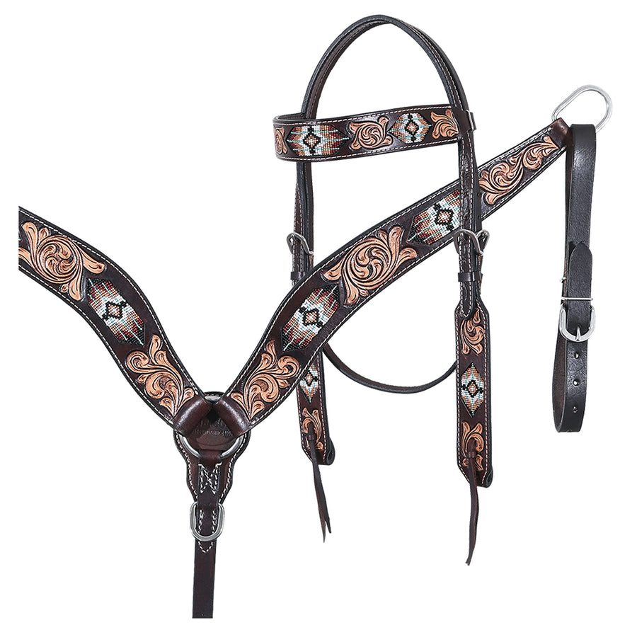 Hilason Horse Floral Hand Carved American Leather Breast Collar Headstall with Beaded Work Brown - Uhorse