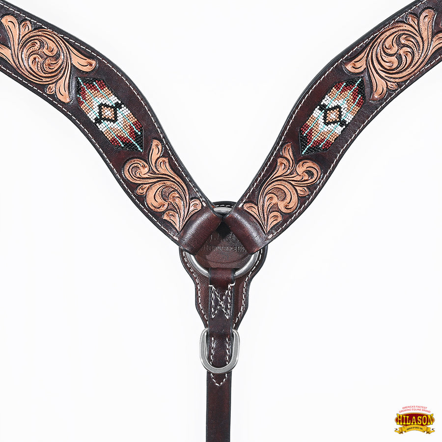 HILASON Western Horse Beaded Hand Tooled Genuine Leather Headstall Breast Collar Brown | Tack Set for Horses