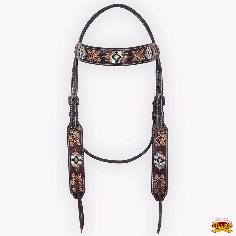 HILASON Western Horse Beaded Hand Tooled Genuine Leather Headstall Breast Collar Brown | Tack Set for Horses