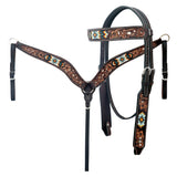 Hilason Horse Floral Hand Carved American Leather Breast Collar Headstall W/ Beaded Work Brown