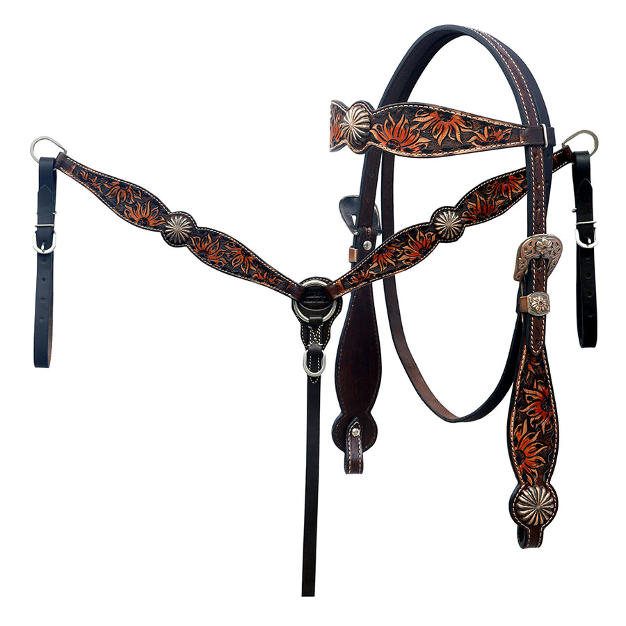 Hilason Horse Floral Hand Painted American Leather Breast Collar Headstall Concho Dark Brown