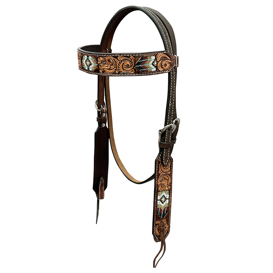 HILASON Western Horse Beaded Hand Tooled Genuine Leather Headstall Breast Collar Brown | Tack Set for Horses
