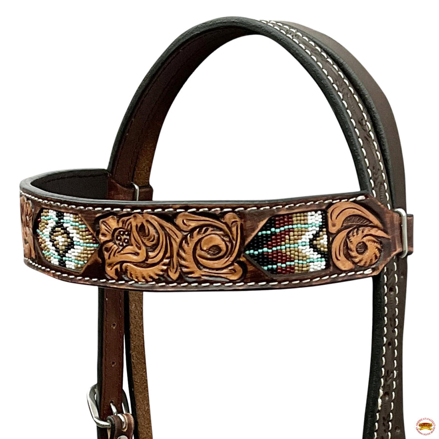 HILASON Western Horse Beaded Hand Tooled Genuine Leather Headstall Breast Collar Brown | Tack Set for Horses