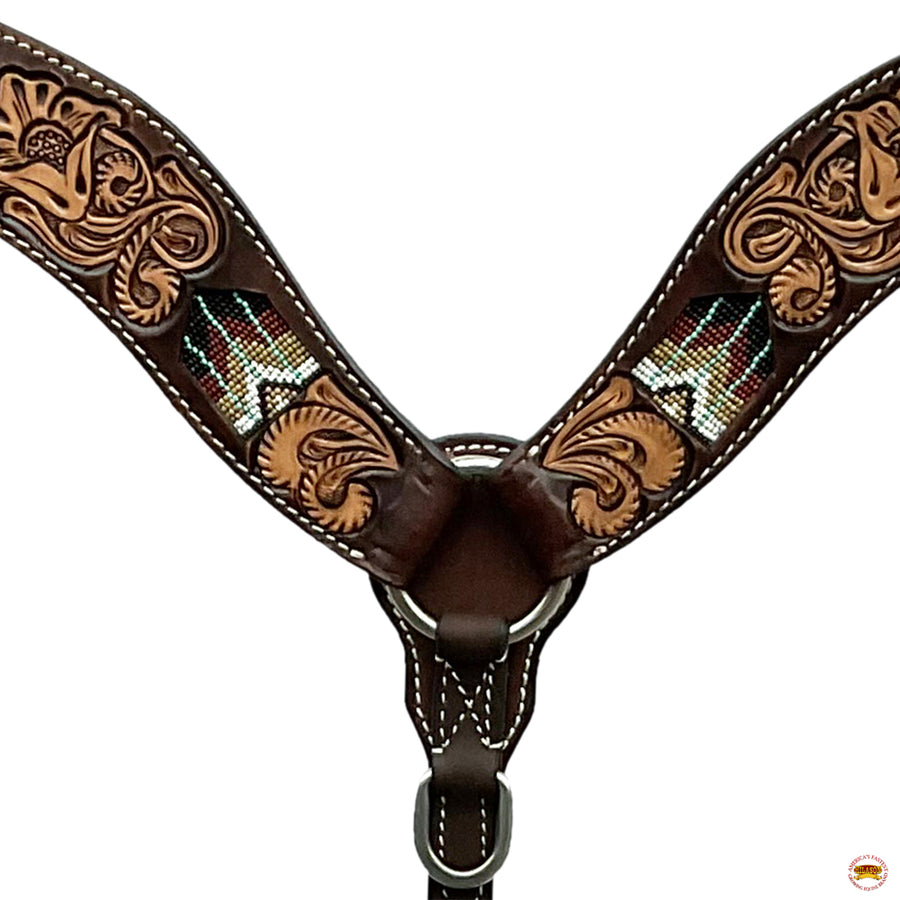 HILASON Western Horse Beaded Hand Tooled Genuine Leather Headstall Breast Collar Brown | Tack Set for Horses