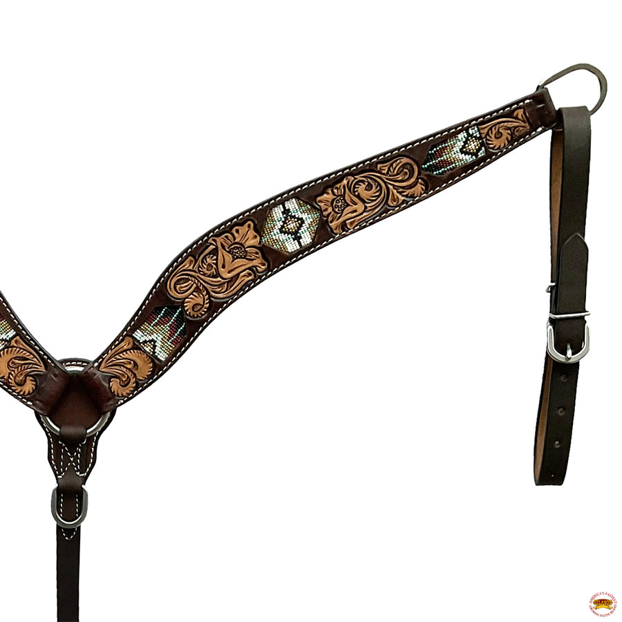 HILASON Western Horse Beaded Hand Tooled Genuine Leather Headstall Breast Collar Brown | Tack Set for Horses