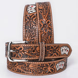 OHLAY Genuine Leather Belt for Men & Women Hand-Tooled Western Belt with Floral & Poker Card Details Removable Metal Buckle