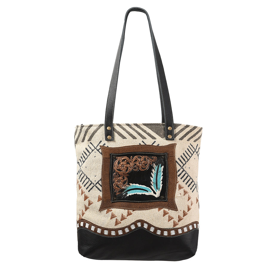 Ohlay Bags OHV113 Tote Hand Tooled Upcycled Canvas Genuine Leather Women Bag Western Handbag Purse