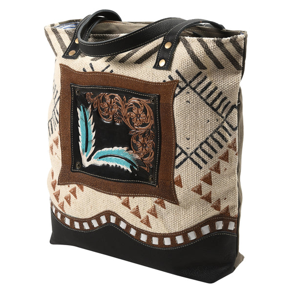 Ohlay Bags OHV113 Tote Hand Tooled Upcycled Canvas Genuine Leather by Hilason – Cowboy and equestrian accessories
