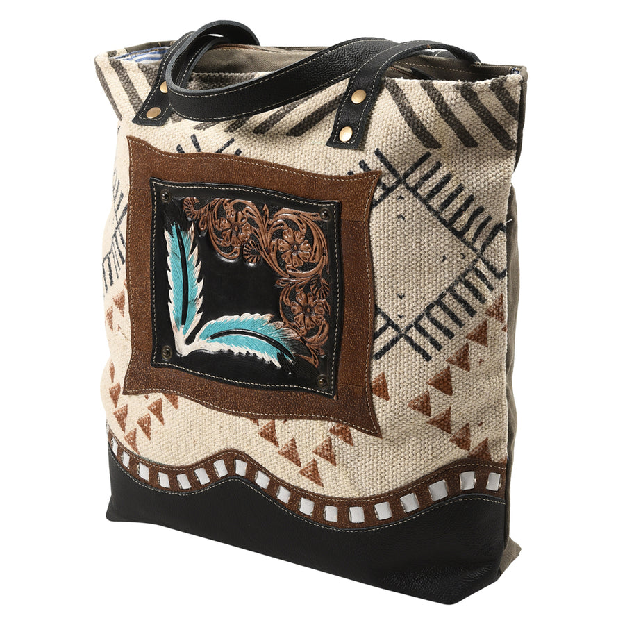 Ohlay Bags OHV113 Tote Hand Tooled Upcycled Canvas Genuine Leather by Hilason – Cowboy and equestrian accessories