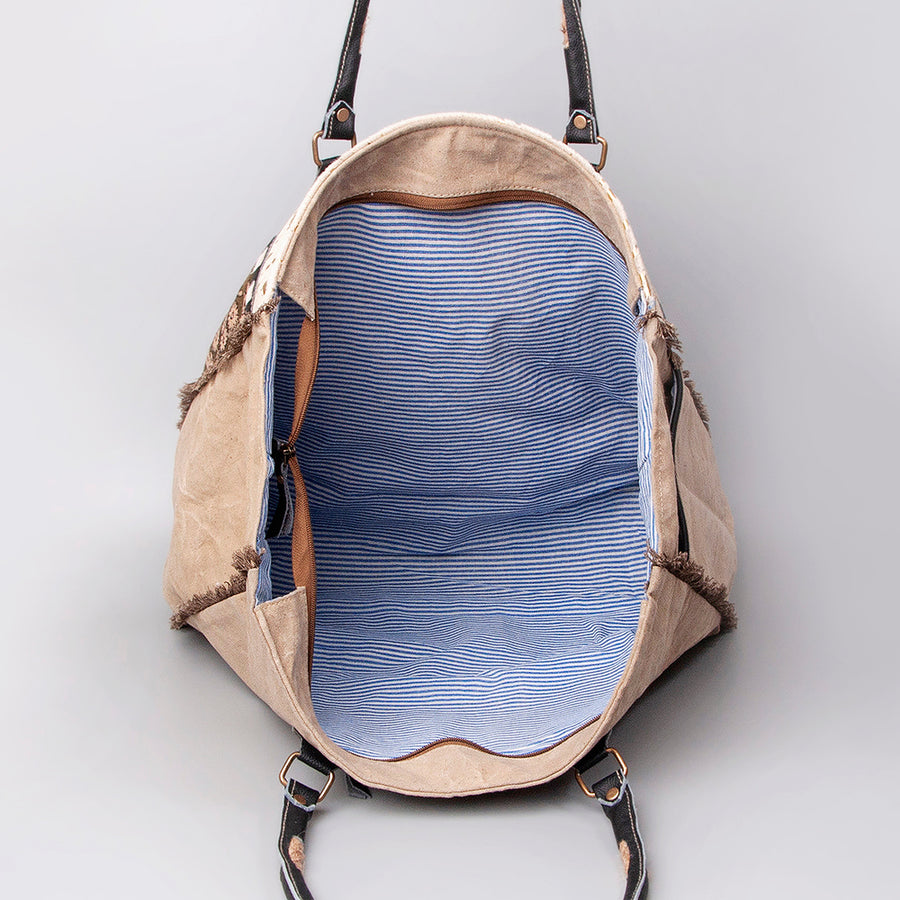 OHLAY Weekender Upcycled Canvas Hair-On Genuine Leather Women Bag Western Handbag Purse | Womens Handbags Belt for Summer