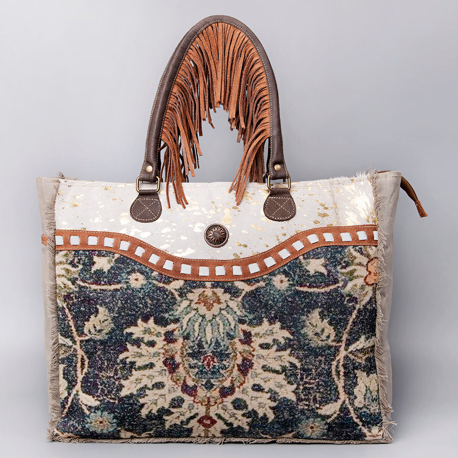 OHLAY Weekender Upcycled Canvas Hair-On Genuine Leather Women Bag Western Handbag Purse | Womens Handbags Belt for Summer