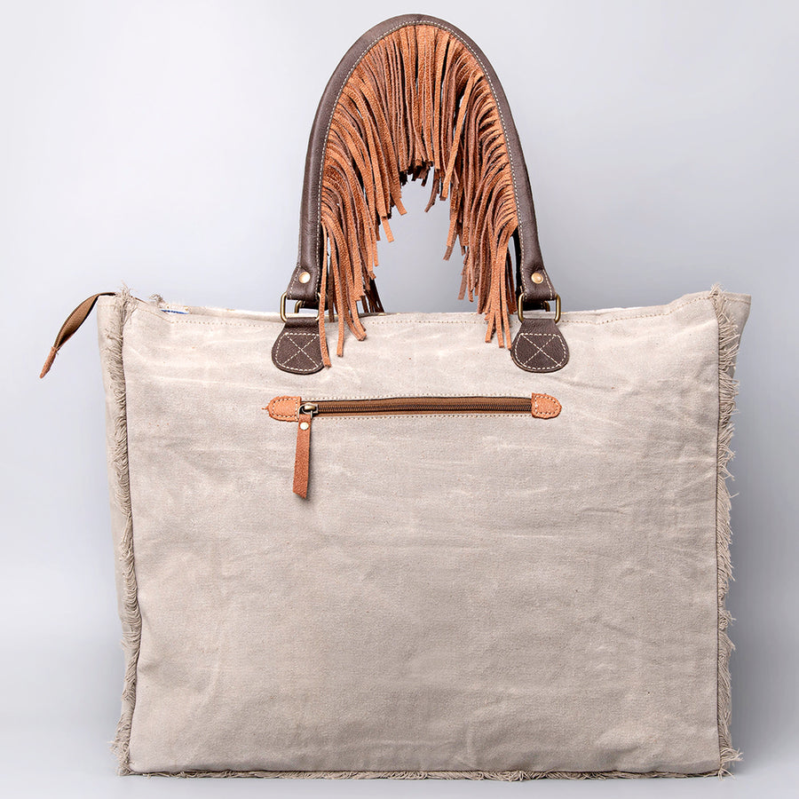 OHLAY Weekender Upcycled Canvas Hair-On Genuine Leather Women Bag Western Handbag Purse | Womens Handbags Belt for Summer