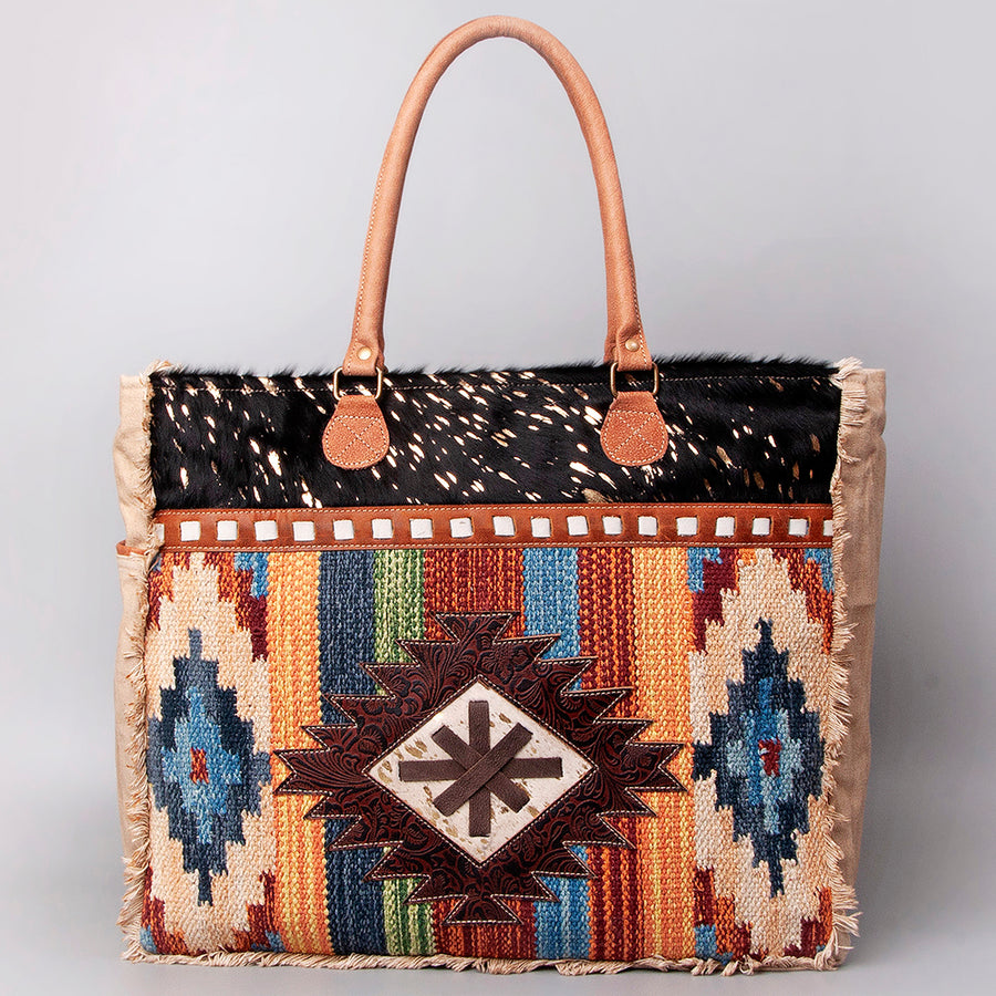 OHLAY Weekender Upcycled Wool Canvas Hair-On Genuine Leather Women Bag Western Handbag Purse Womens Handbags Belt for Summer