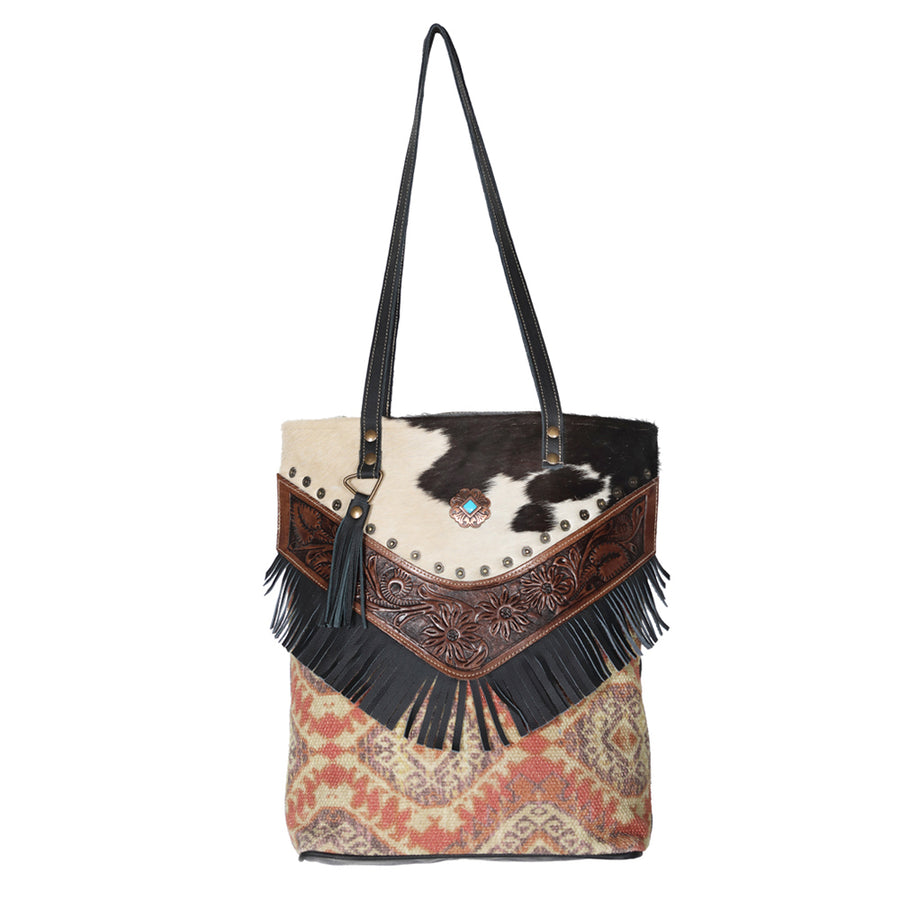 Ohlay Bags OHV179 Tote Hand Tooled Upcycled Canvas Hair-On Genuine by Hilason – Cowboy and equestrian accessories