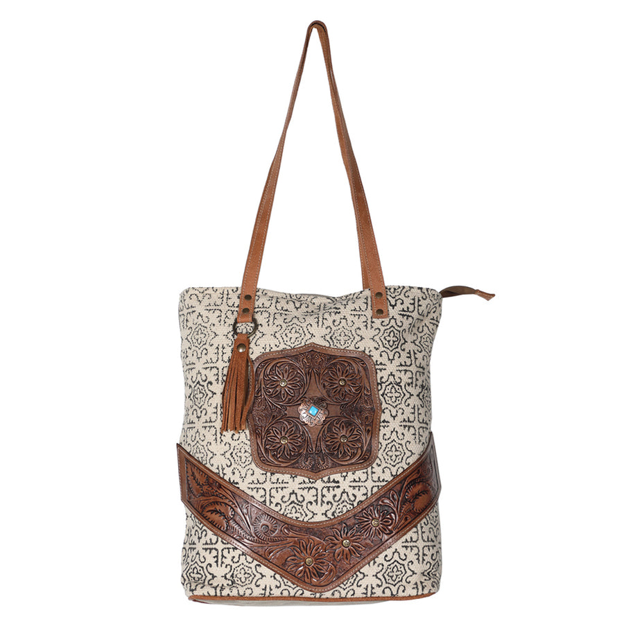 Ohlay Bags OHV183 Tote Hand Tooled Upcycled Canvas Genuine Leather by Hilason – Cowboy and equestrian accessories