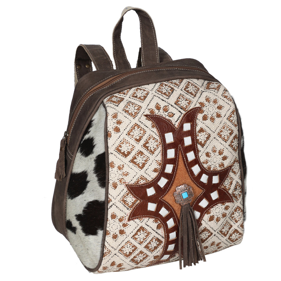 Ohlay Backpack Upcycled Canvas Embossed Hair-On Genuine Leather Women Bag Western Handbag Purse - Uhorse