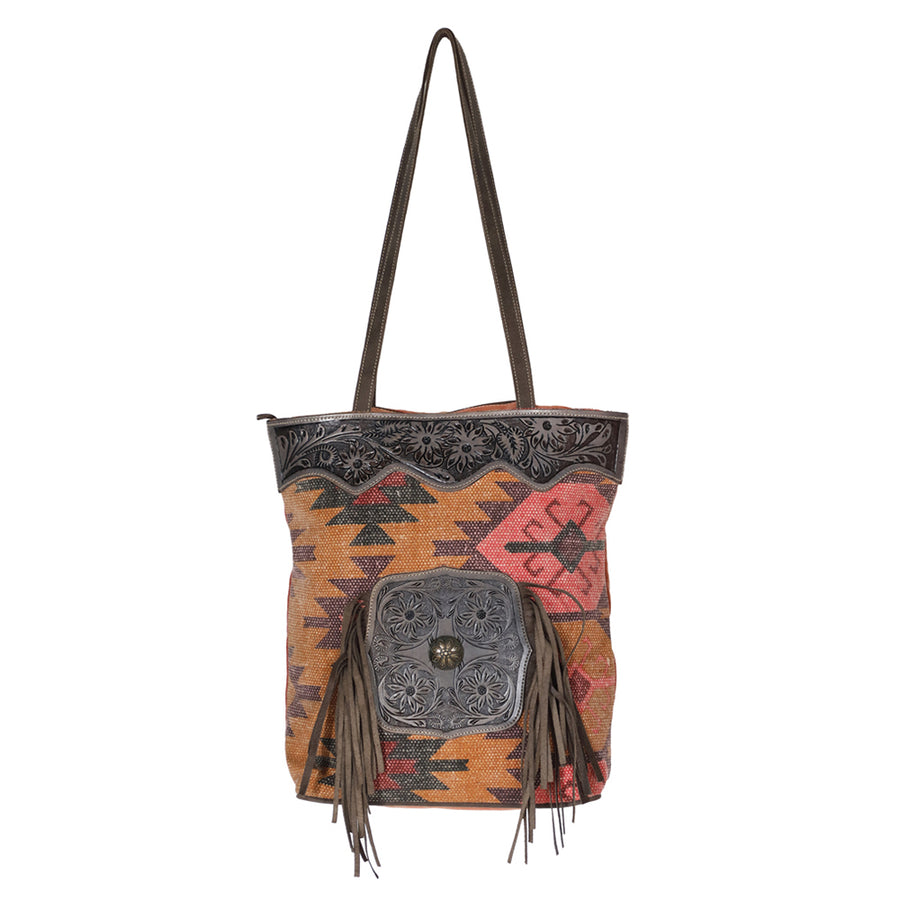 Ohlay Bags OHV190 Tote Hand Tooled Upcycled Canvas Genuine Leather by Hilason – Cowboy and equestrian accessories