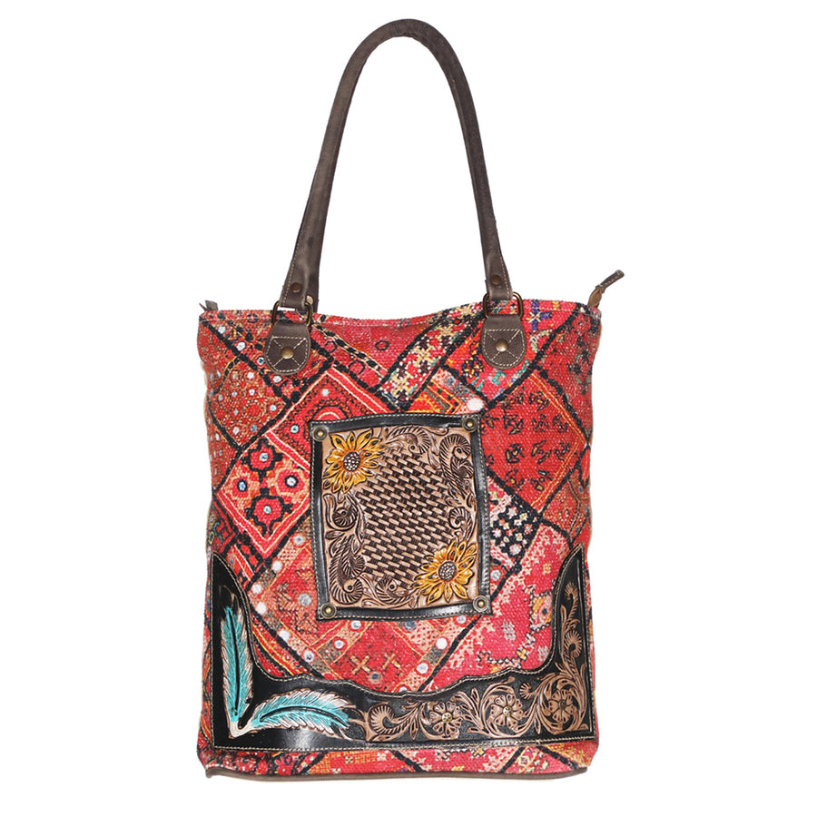 Ohlay Bags OHV194 Tote Hand Tooled Upcycled Canvas Genuine Leather by Hilason – Cowboy and equestrian accessories