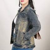 ADJKT025 Genuine leather Hand tooled hand carved Women 100% cotton Denim jacket dress ladies girl