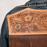 ADJKT025 Genuine leather Hand tooled hand carved Women 100% cotton Denim jacket dress ladies girl