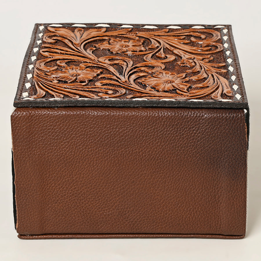 American Darling Hair-On Cowhide Hand Tooled Floral Carved Leather Jewelry Case Genuine Western Leather with YKK Zipper