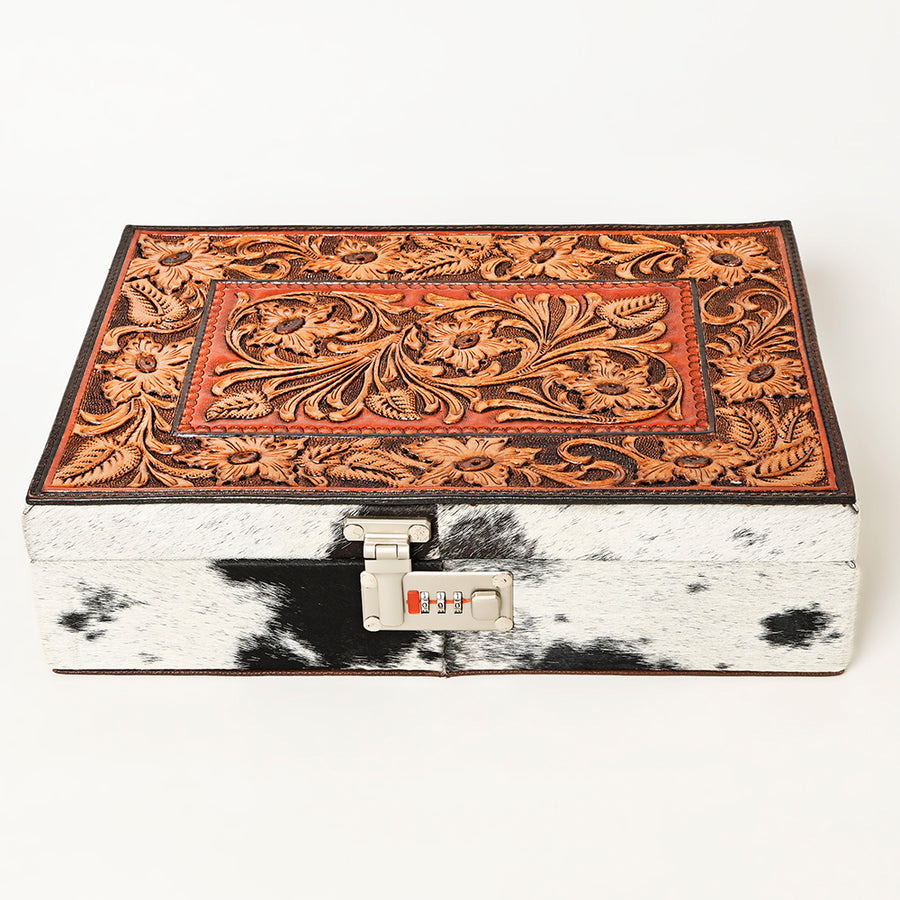 American Darling Hair-On Cowhide Hand Tooled Floral Carved Leather Jewelry Case Genuine Western Leather with YKK Zipper