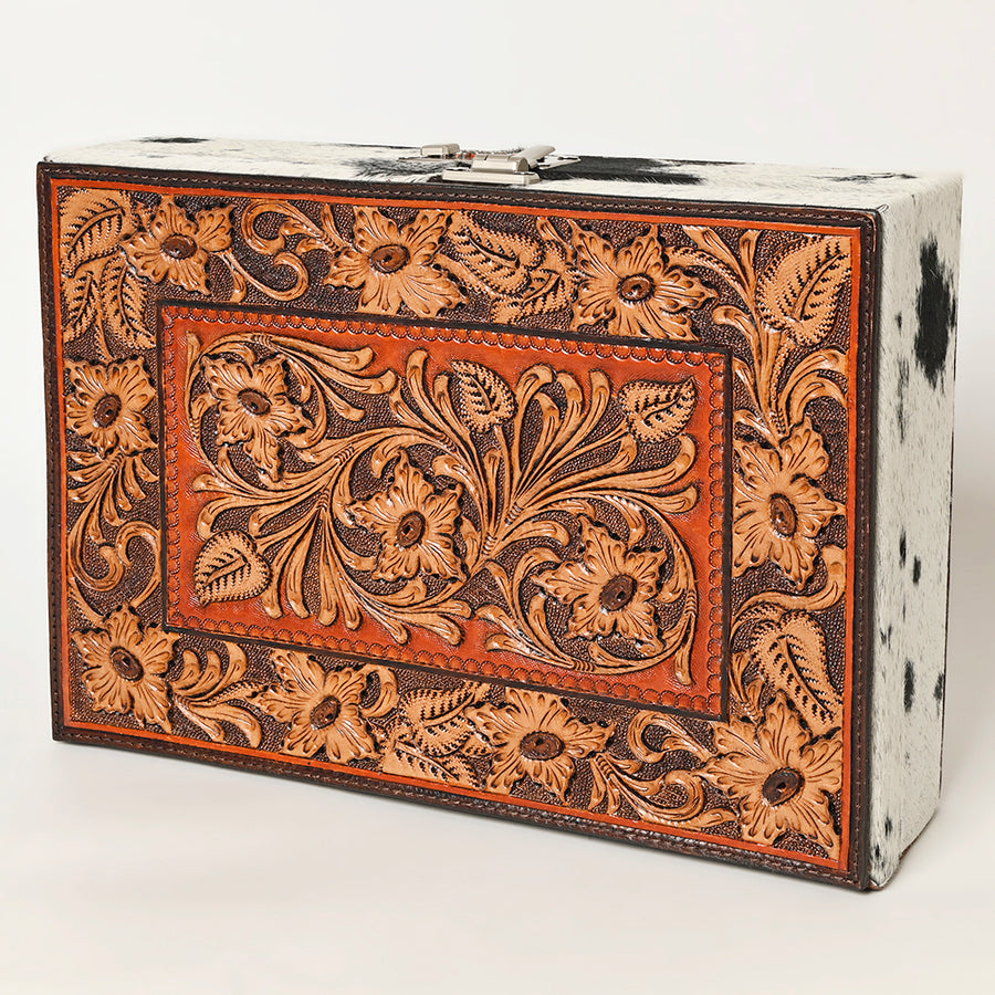 American Darling Hair-On Cowhide Hand Tooled Floral Carved Leather Jewelry Case Genuine Western Leather with YKK Zipper