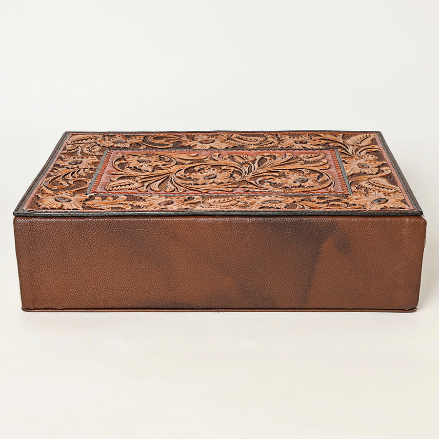 American Darling Hair-On Cowhide Hand Tooled Floral Carved Leather Jewelry Case Genuine Western Leather with YKK Zipper