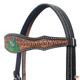 Hilason Horse Cactus Hand Painted American Leather Breast Collar Headstall Brown