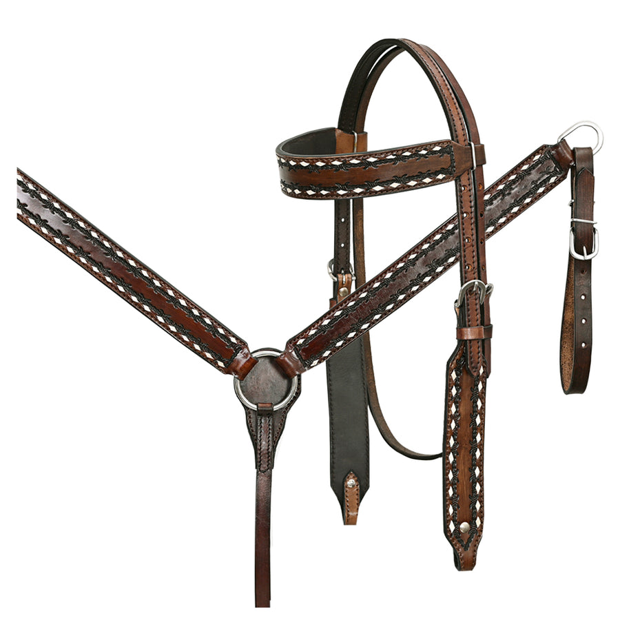 Brown leather bridle with silver-white stitching - Uhorse