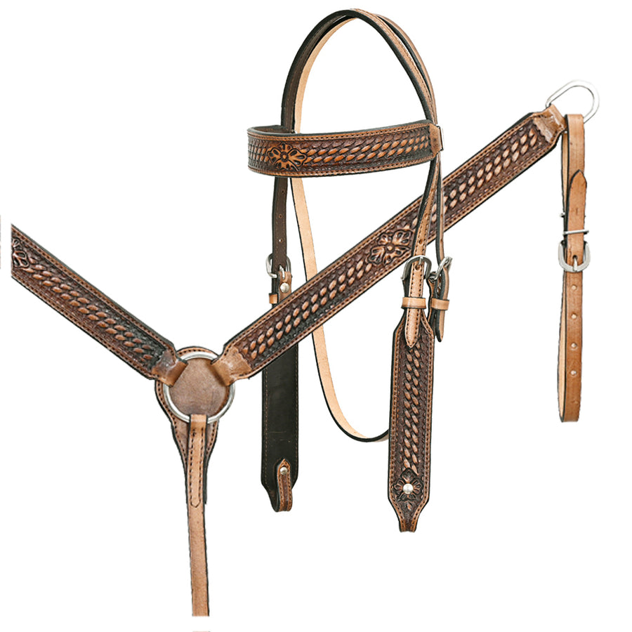 Black leather tooled headstall with brown accents - Uhorse