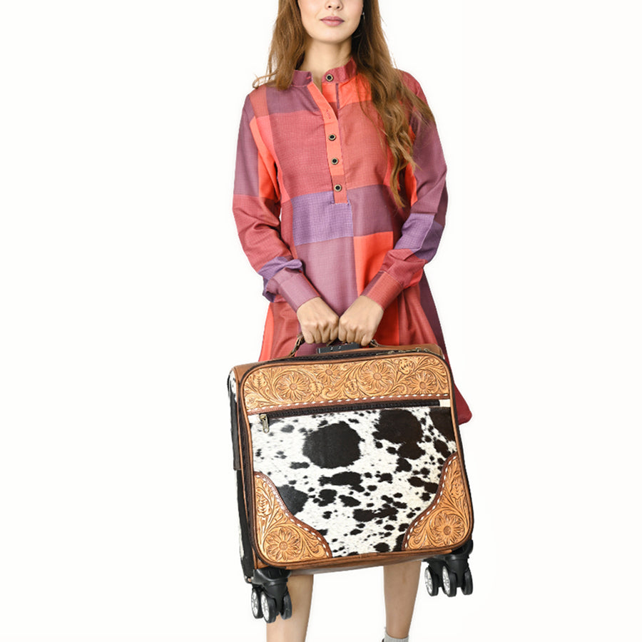 American Darling Hair-On Cowhide Trolley Bag – Genuine Leather Hand-Tooled Rolling Luggage with Multi-Compartment Interior and Telescopic Handle