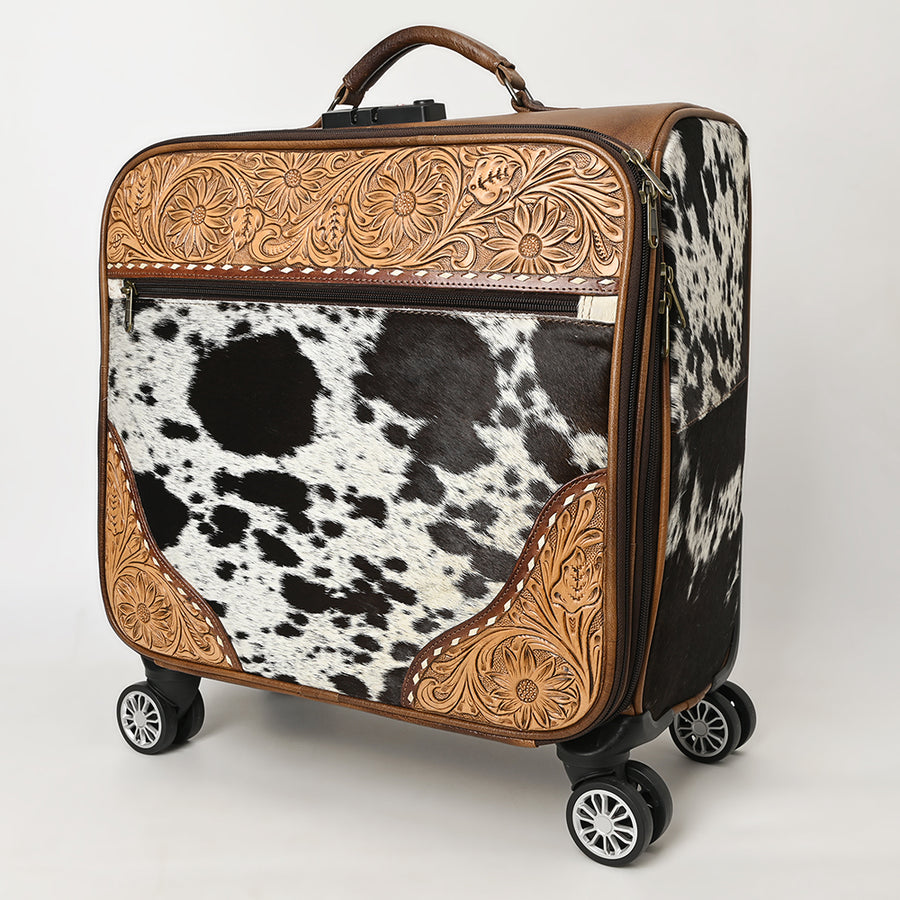 American Darling Hair-On Cowhide Trolley Bag – Genuine Leather Hand-Tooled Rolling Luggage with Multi-Compartment Interior and Telescopic Handle