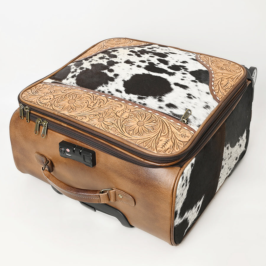 American Darling Hair-On Cowhide Trolley Bag – Genuine Leather Hand-Tooled Rolling Luggage with Multi-Compartment Interior and Telescopic Handle