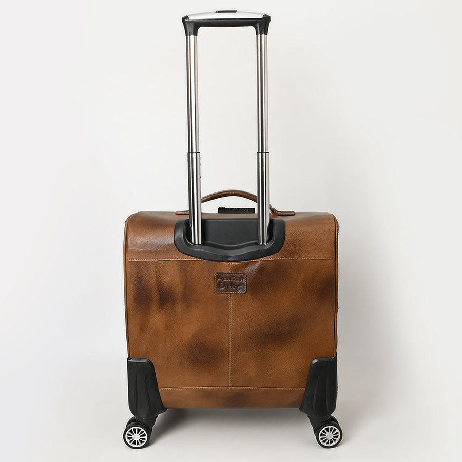 American Darling Hair-On Cowhide Trolley Bag – Genuine Leather Hand-Tooled Rolling Luggage with Multi-Compartment Interior and Telescopic Handle