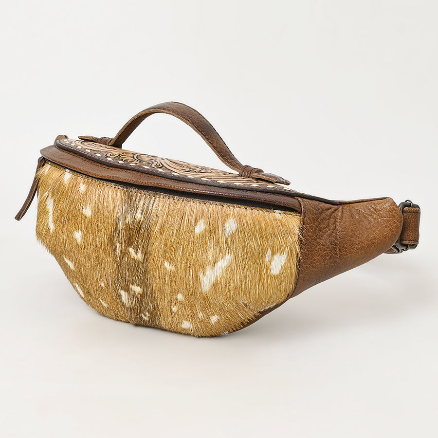American Darling Hair On Cowhide Fanny Bag | Hand-Tooled Leather Belt Bag - Uhorse