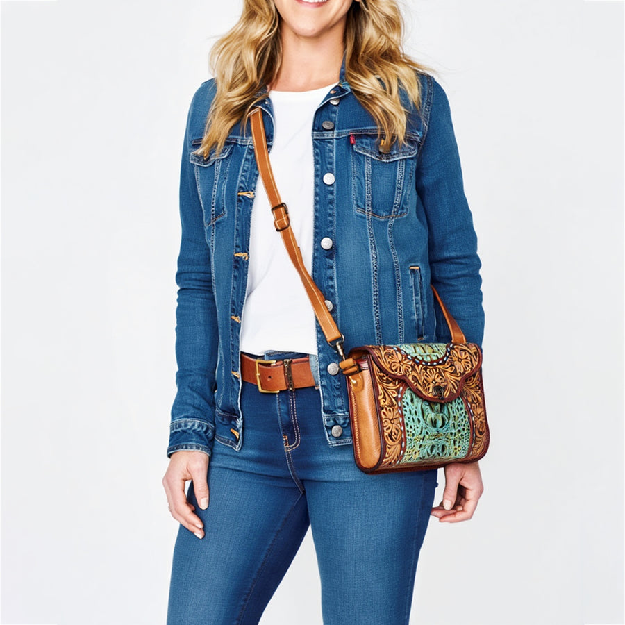 American Darling Western Crossbody Clutch Handcrafted from Tooled Leather & Crocodile Embossed | Multi-Textured Flap Bag