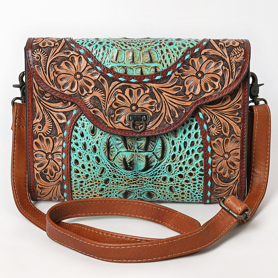 American Darling Western Crossbody Clutch Handcrafted from Tooled Leather & Crocodile Embossed | Multi-Textured Flap Bag