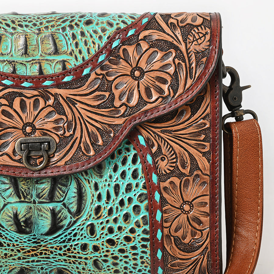 American Darling Western Crossbody Clutch Handcrafted from Tooled Leather & Crocodile Embossed | Multi-Textured Flap Bag