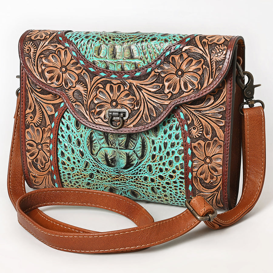 American Darling Crocodile Hand Tooled Leather Crossbody Clutch - Uhorse