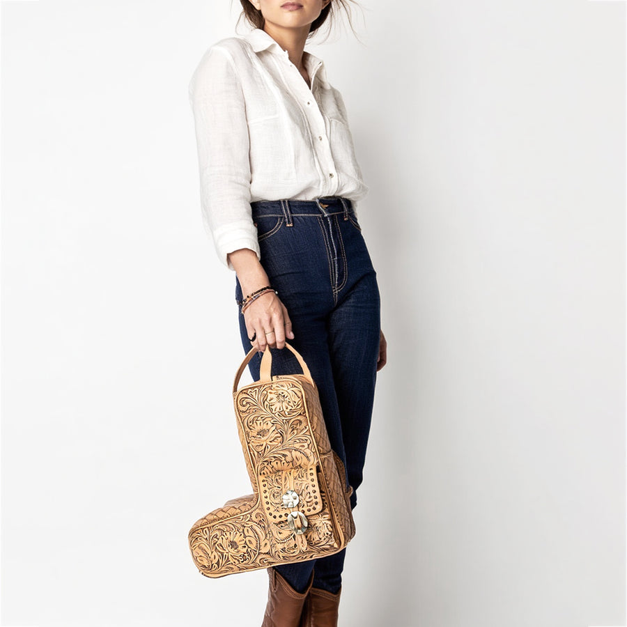 American Darling Western Boot Cover Travel Case Handcrafted from Hand Tooled Genuine Leather | Floral & Basketweave Design with Carry Handle